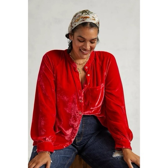 Anthropologie Red Velvet Button Down Shirt - Picture 5 of 5